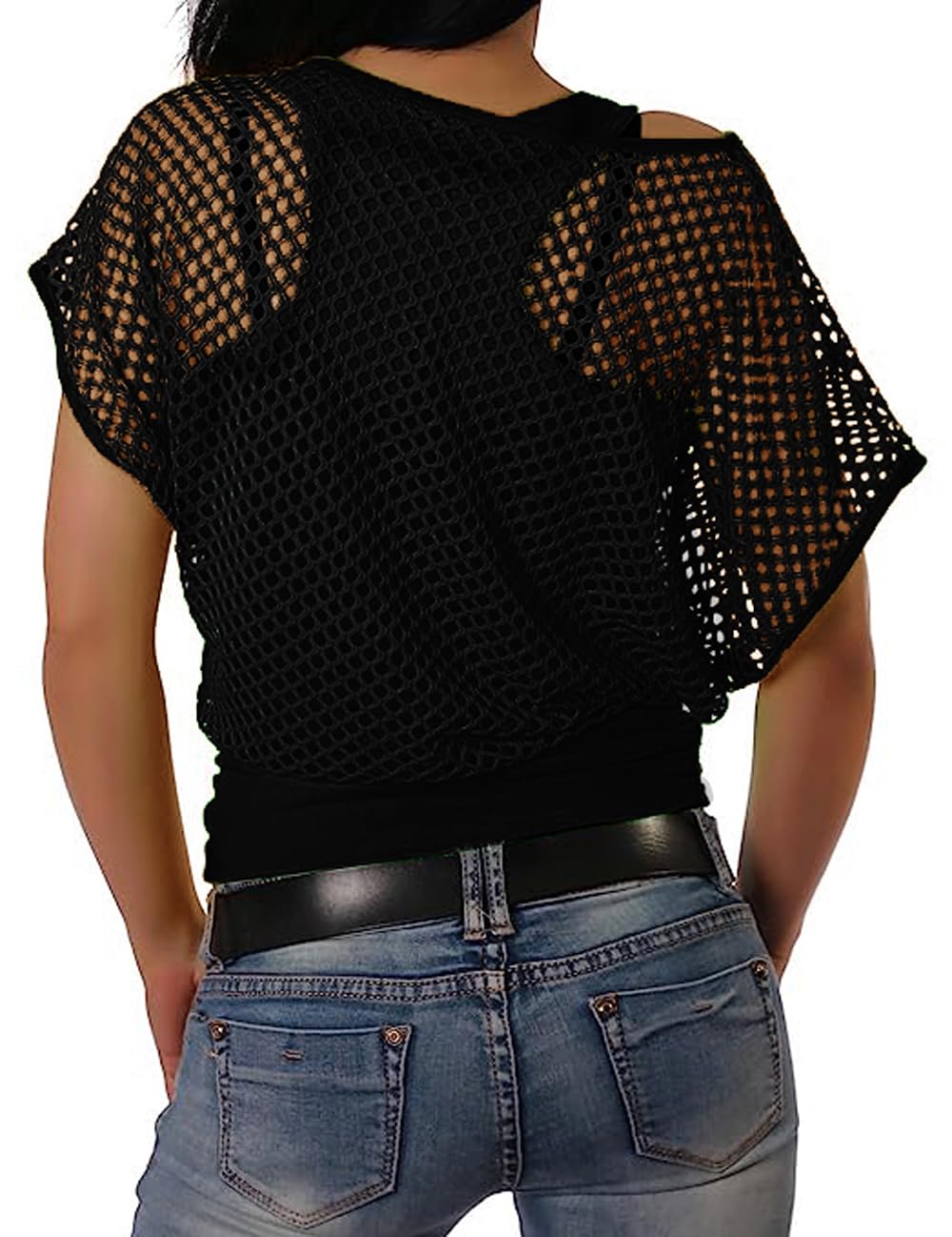 ELFIN Damen Netzshirt Netztop Netzhemd 80er Jahre Outfits Karneval Fasching Motto Party Tops Netzoberteil Sommertops