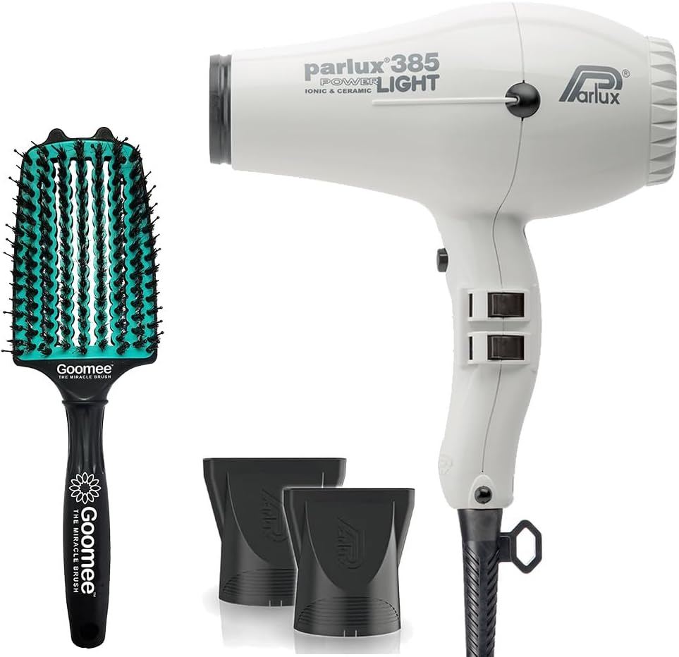 Parlux 385 Powerlight Ionic and Ceramic White Hair Dryer with Miracle Large Detangling Brush Mint Green – Lightweight Blow Dryer and Dual Bristle Brush for Smooth, Frizz-Free Hair