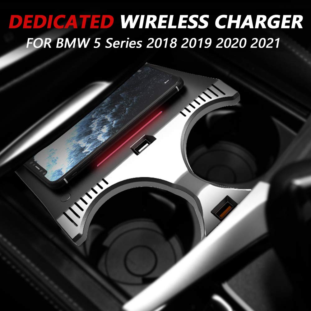 Cargador Inalámbrico Coche Auto para BMW 5 Series 2018 2019 2020 2021 Consola Central Panel, 15W Qi Carga Rápida Teléfono Cargador con QC3.0 USB para iPhone 12/11/XS/X/8 Samsung S20/S10/S9