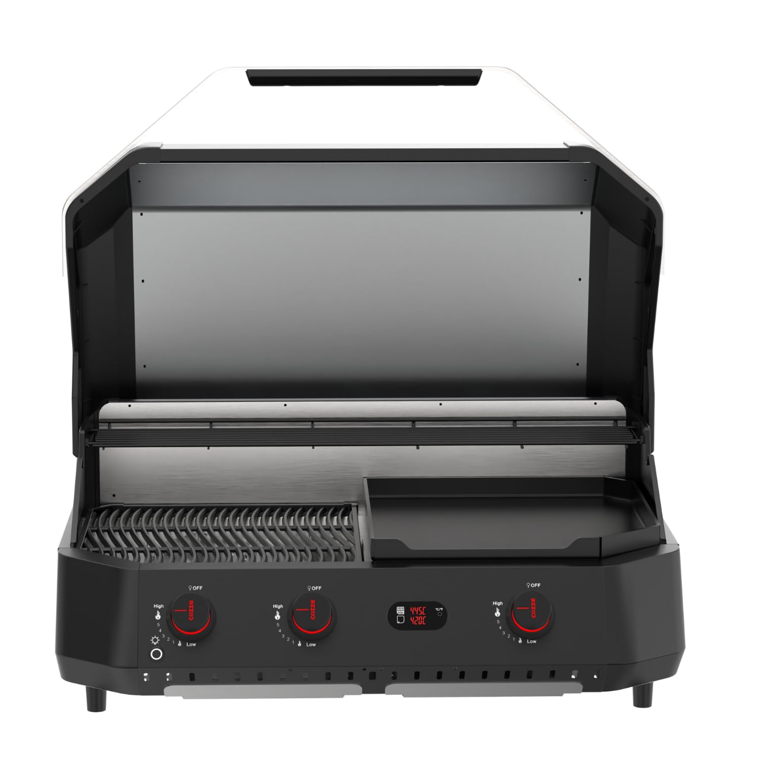 Cozze® G-800 COMBO Plancha-Grill – 3 Brûleurs – 9,5 kW – Grill + Plancha en Fonte Émaillée – 50mbar – Régulateur Inclus – Barbecue Gaz Haute Performance