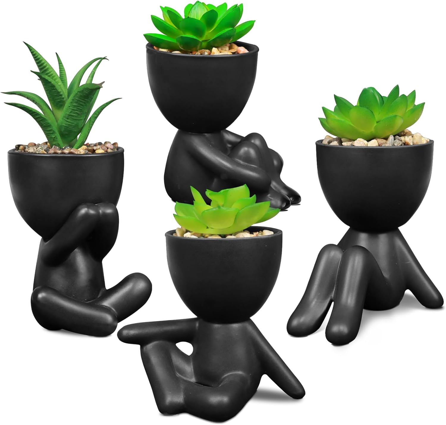 Pack of 4 Black Cute Fake Plants, Artificial Succulent Plants with Creative Human Shaped Pots,Mini Potted Desk Plants for Office Bathroom Shelf Cubicle Home Decor (Matte Black)