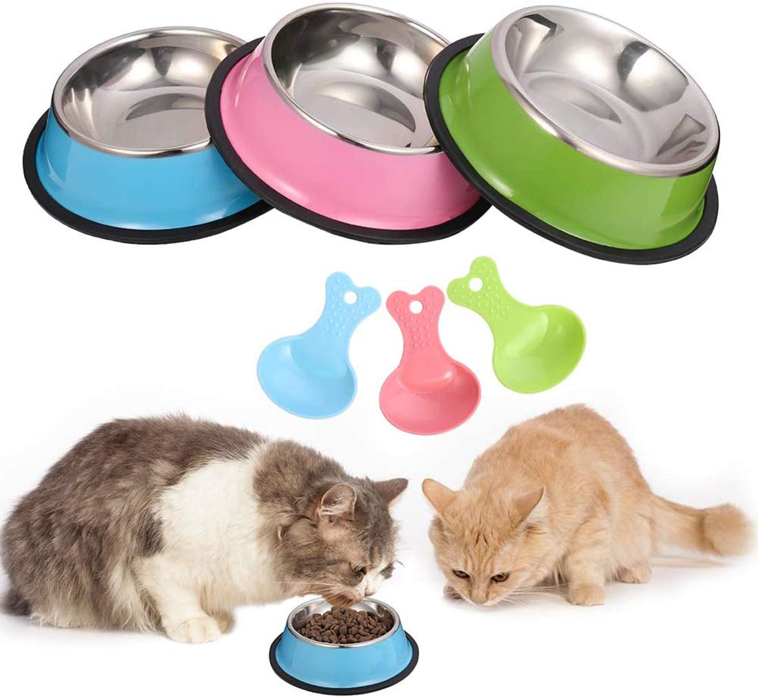 Zaleonline3 Piece Cat Food Bowl, Stainless Steel Cat Bowl Set Feeding Bowl with 3 Food Scoops Cat Food Bowl Water Feeding Bowl with a Bowl Mat (Blue, Pink, Green)