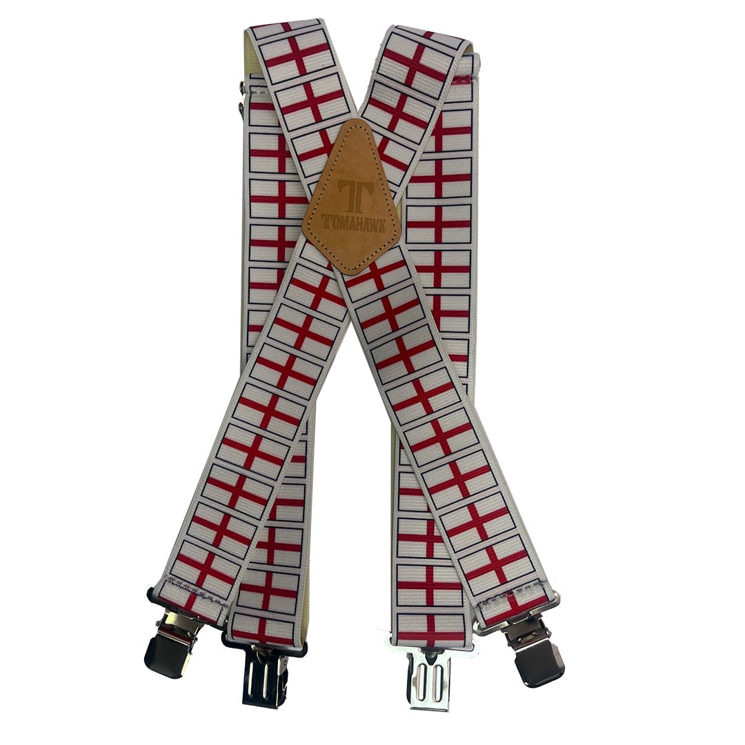 Tomahawk Heavy Duty Braces, Adjustable, Unisex Suspenders, Strong Clasp (St Georges Cross)