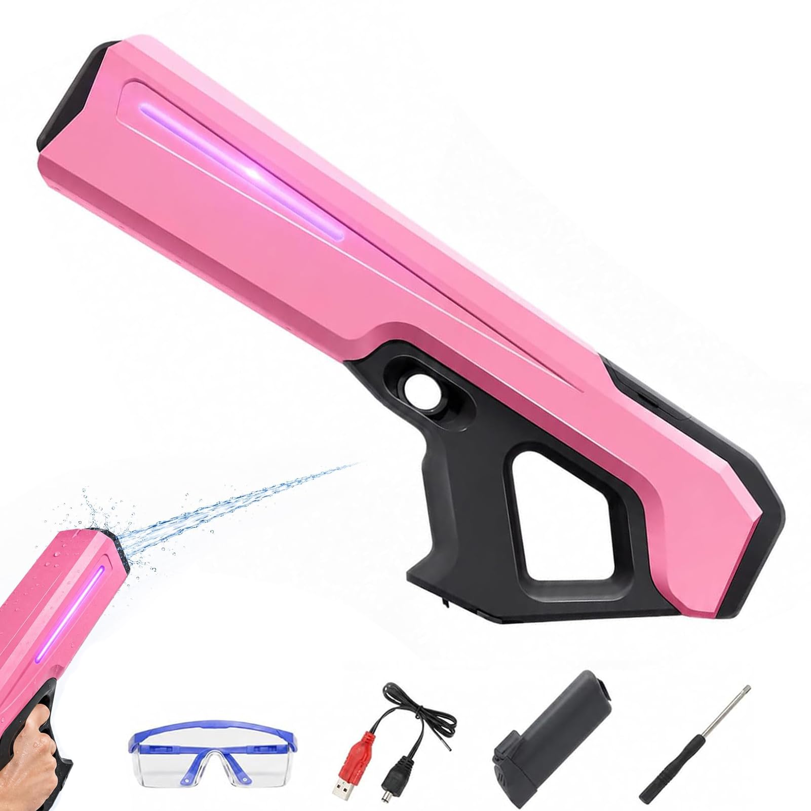 High Tech Water Gun, Electric Water Blaster with Automatic Water Intake, LED Flowing Lights, Muzzle Flash Effect, Rechargeable Automatic High Powered Squirt Gun for Kids Adults Summer Outdoor (Pink)