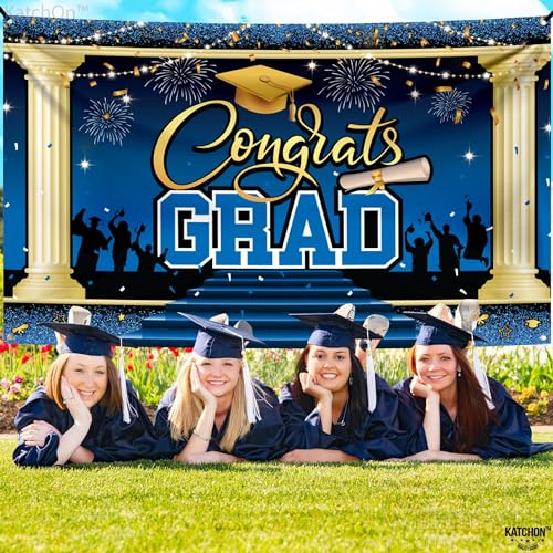 Image of KatchOn, XtraLarge Blue Congrats Grad Banner - 72x44 Inch, 2026 Graduation Backdrop | Blue Grad Banner Class of 2026 Grad Party Decorations, Graduation Decorations 2026