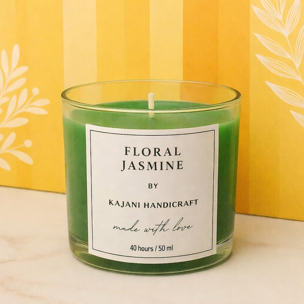 Kajani Handicraft Floral Jasmine Scented Candle, Green, Glass Jar, 50 ml, 40 Hours Burn Time-image-16