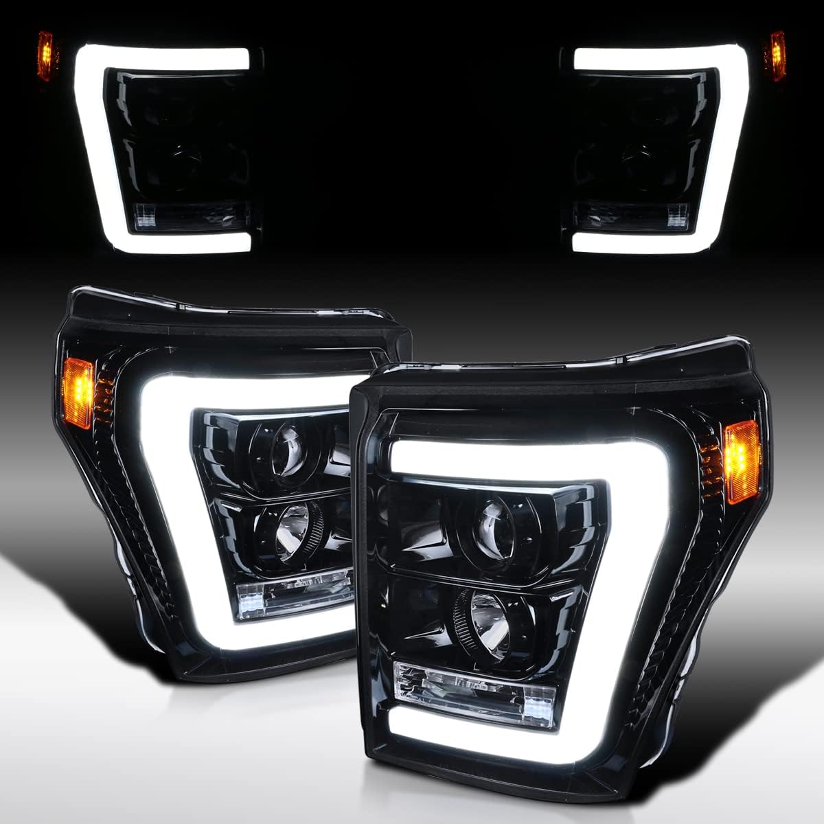 Autozensation Compatible with 2011-2016 Ford F250 F350 F450 F550 Super Duty, Left + Right Pair Headlamps Assembly, Glossy Black LED Bar Projector Headlights