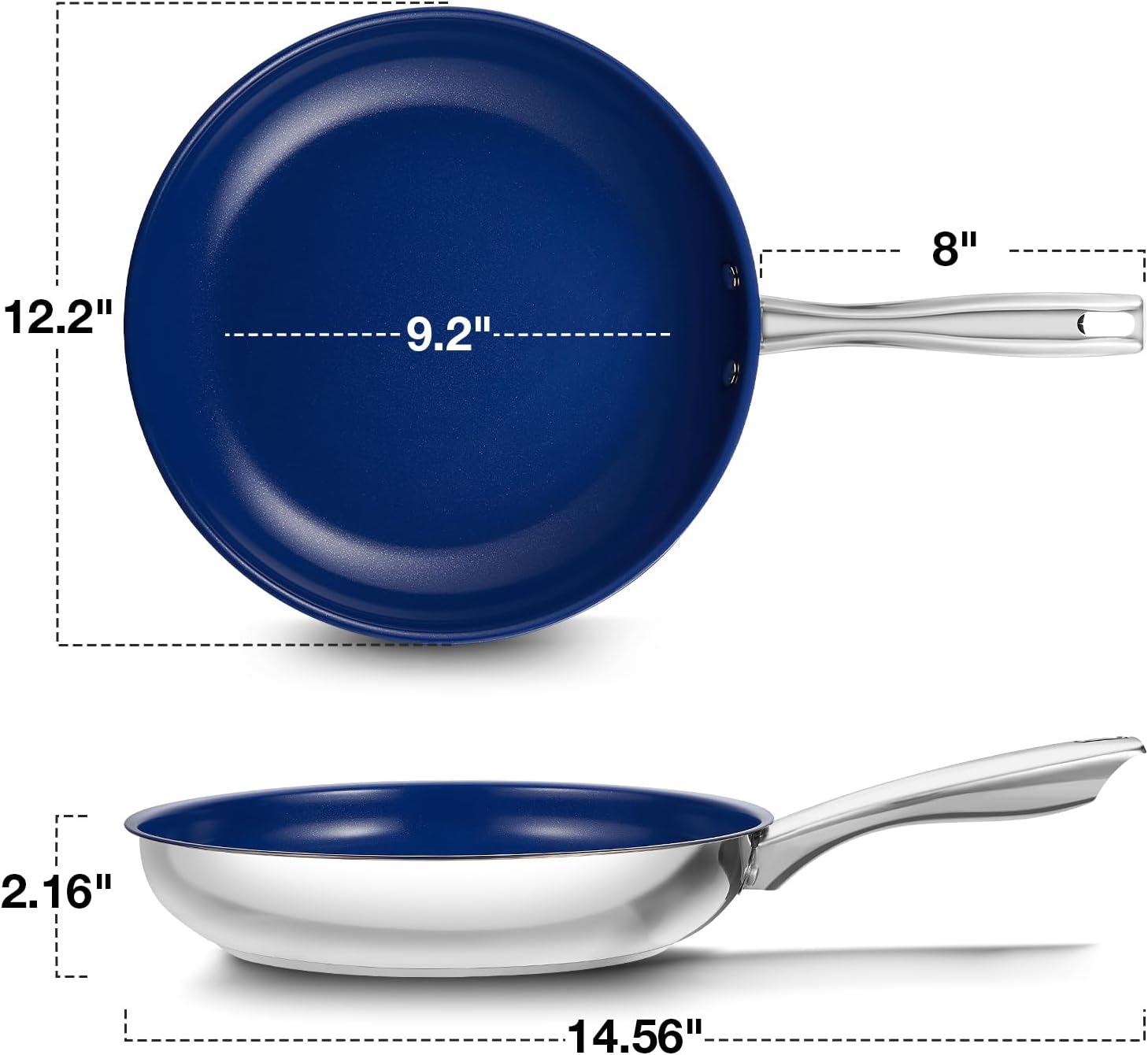 KOCH SYSTEME CS Stainless Steel Frying Pan with Lid, 12 Inch Pan with Nonstick Blue Ceramic Coating, Nonstick Skillet, Induction Compatible