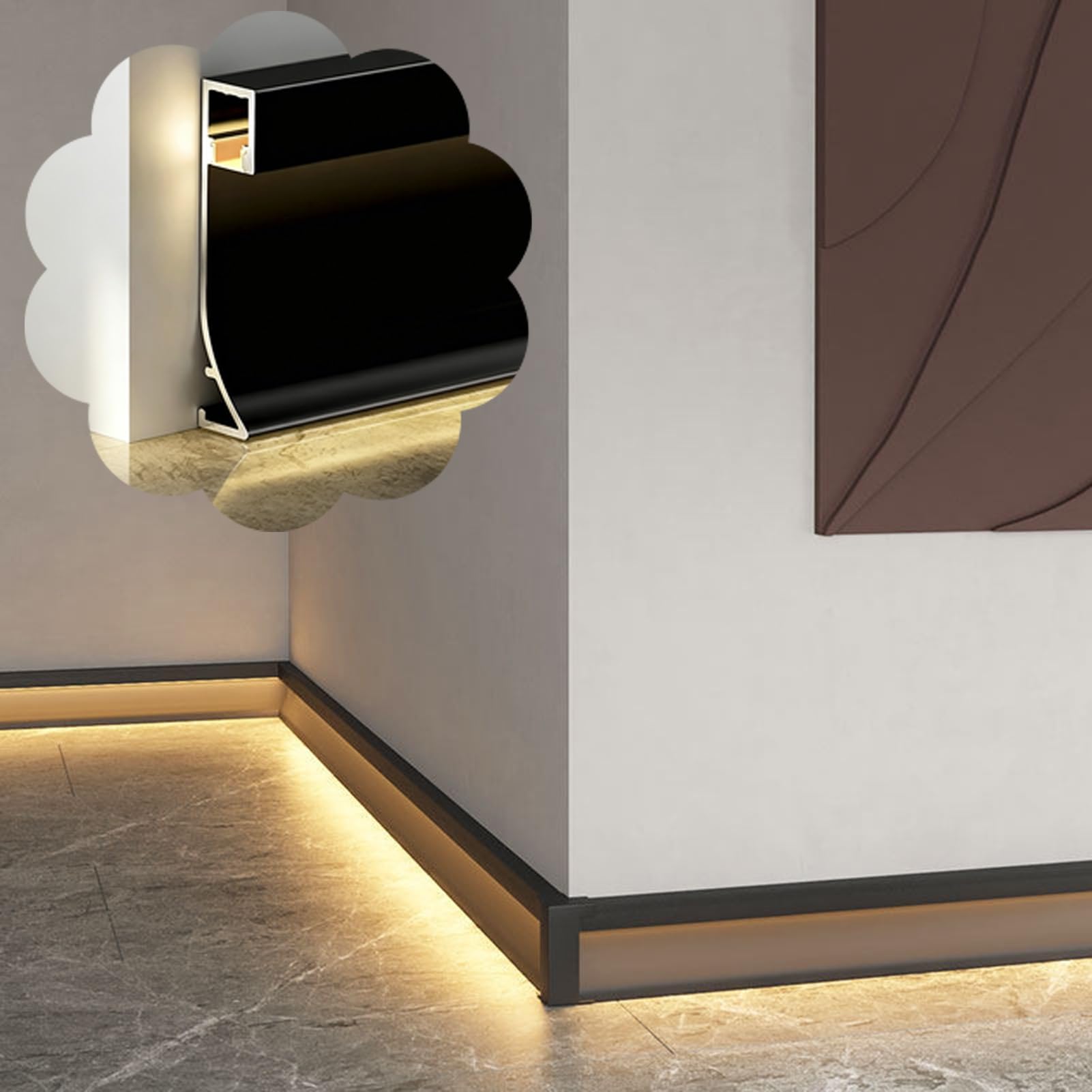 Surface Mount LED Baseboard Skirting Board, Interior Floor Indirect Lighting Aluminum Profile for Bedroom Kitchen Hallway, Black LED Strip Diffuser Channel(7.5m(24.6ft))