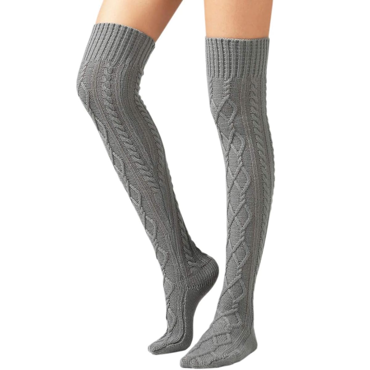 Joyzzz Cable Knit High Socks, Long Warm Leg Warmers for Winter, Rhombus Curled Long Tube Knee Socks, Stockings Over Knee Thigh Warmers for Women