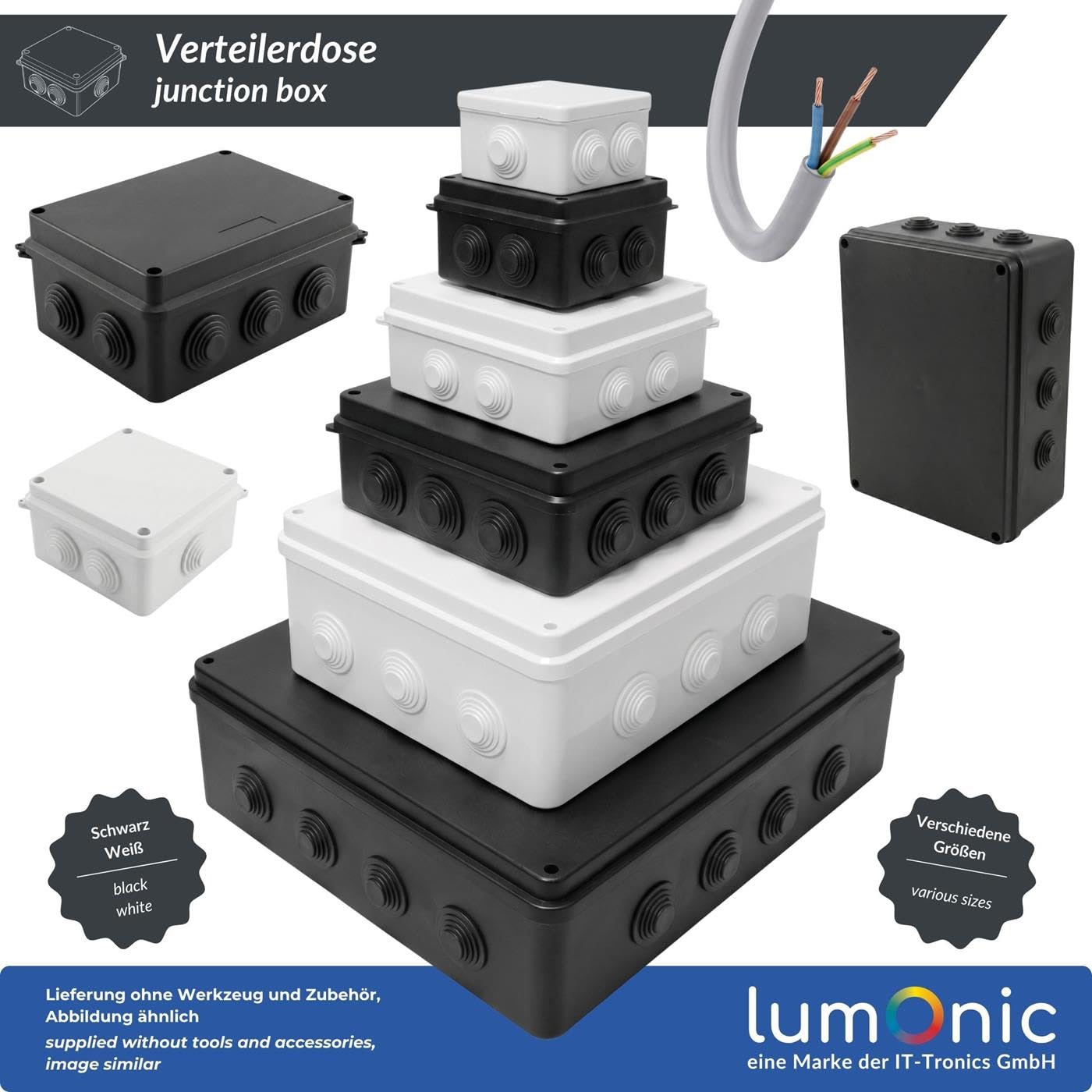 Lumonic Boîte de distribution en saillie IP65 Blanc | extra large, 300x250x120mm, 12 entrées de câble | Couvercle vissé | PVC de haute qualité | Grand espace intérieur pour les profilés chapeau, les b