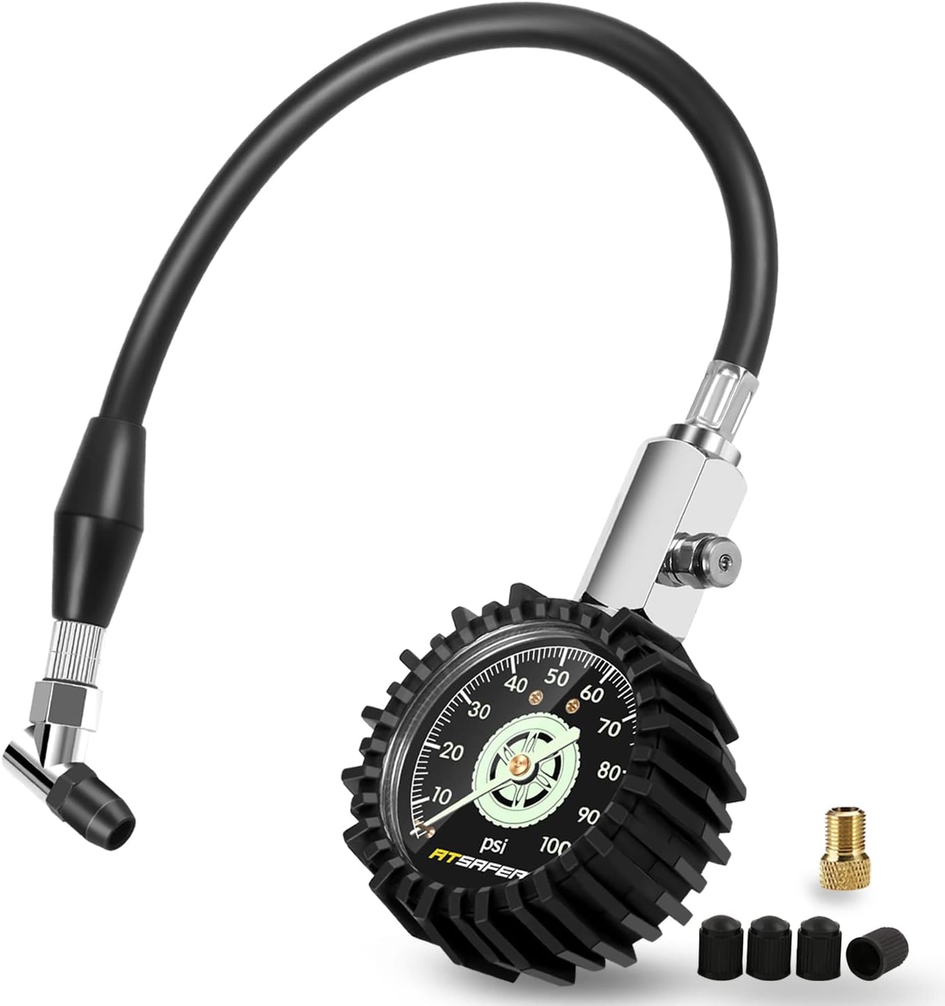 Tire Pressure Gauge 100psi Glow in The Dark, ATsafepro 2.5” Dial Mechanical Tire Gauges for Tire Pressure, Certificated Accuracy Analog Air Pressure Gauge for Cars, Trucks, Bicycles.