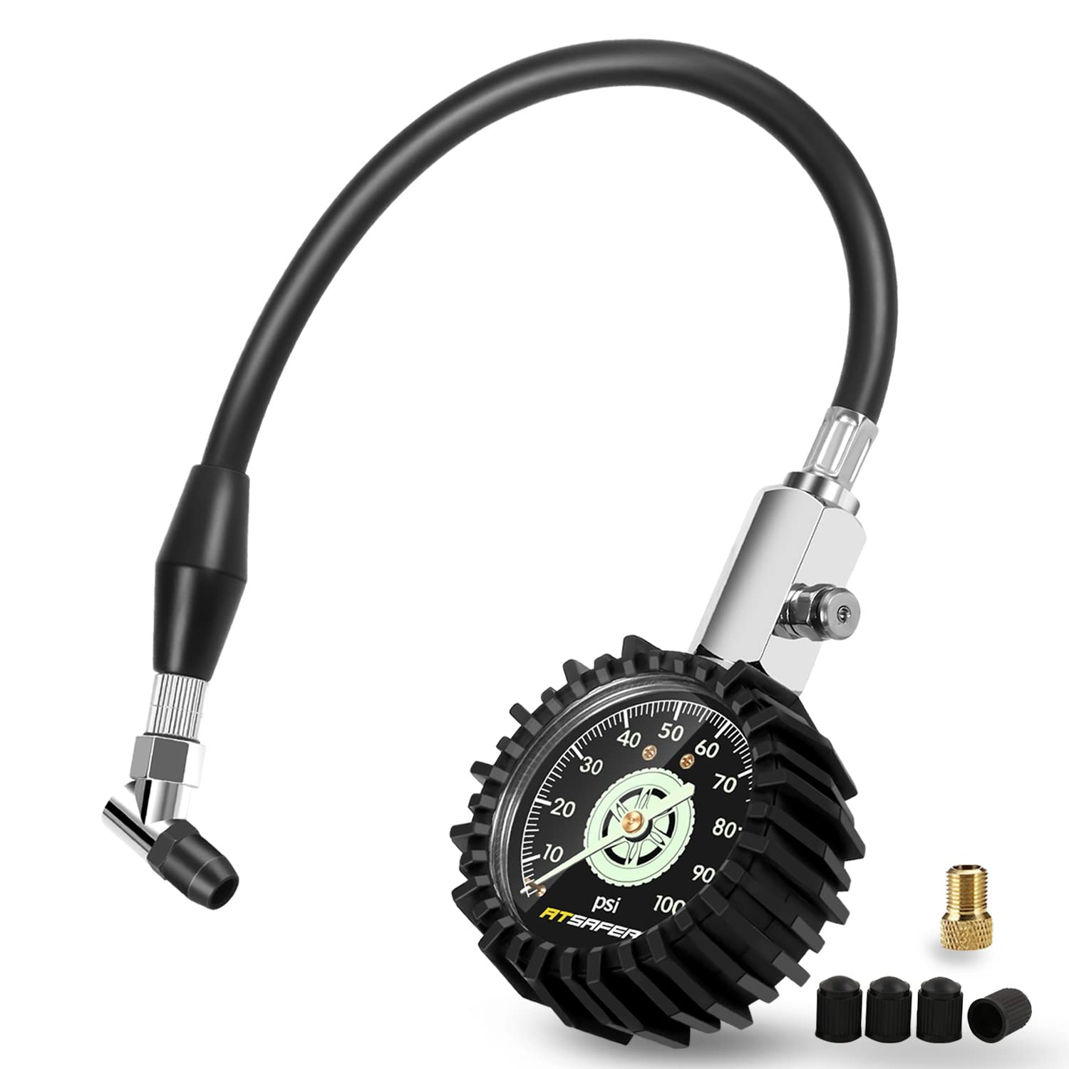 ATsafepro Tire Pressure Gauge 100psi Glow in The Dark, 2.5” Dial Mechanical Tire Gauge with Flexible Hose and Angled Chuck, Certificated Accuracy Analog Air Pressure Gauge for Cars, Trucks, Bicycles.