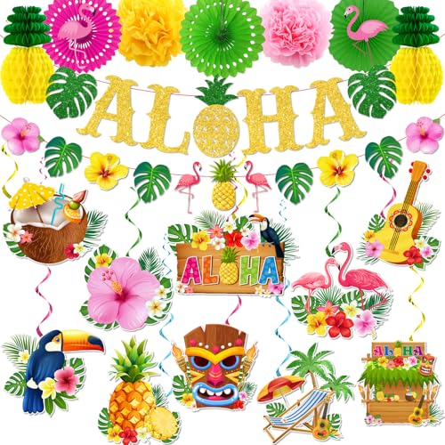 Image of Hawaiian Party Decorations, Luau Decorations includes Glitter Aloha Banner Tropical Hawaii Hanging Swirls and Tissue Pom Poms, Hawaiian Luau Decorations for Summer Tropical Beach Tiki Bar Party