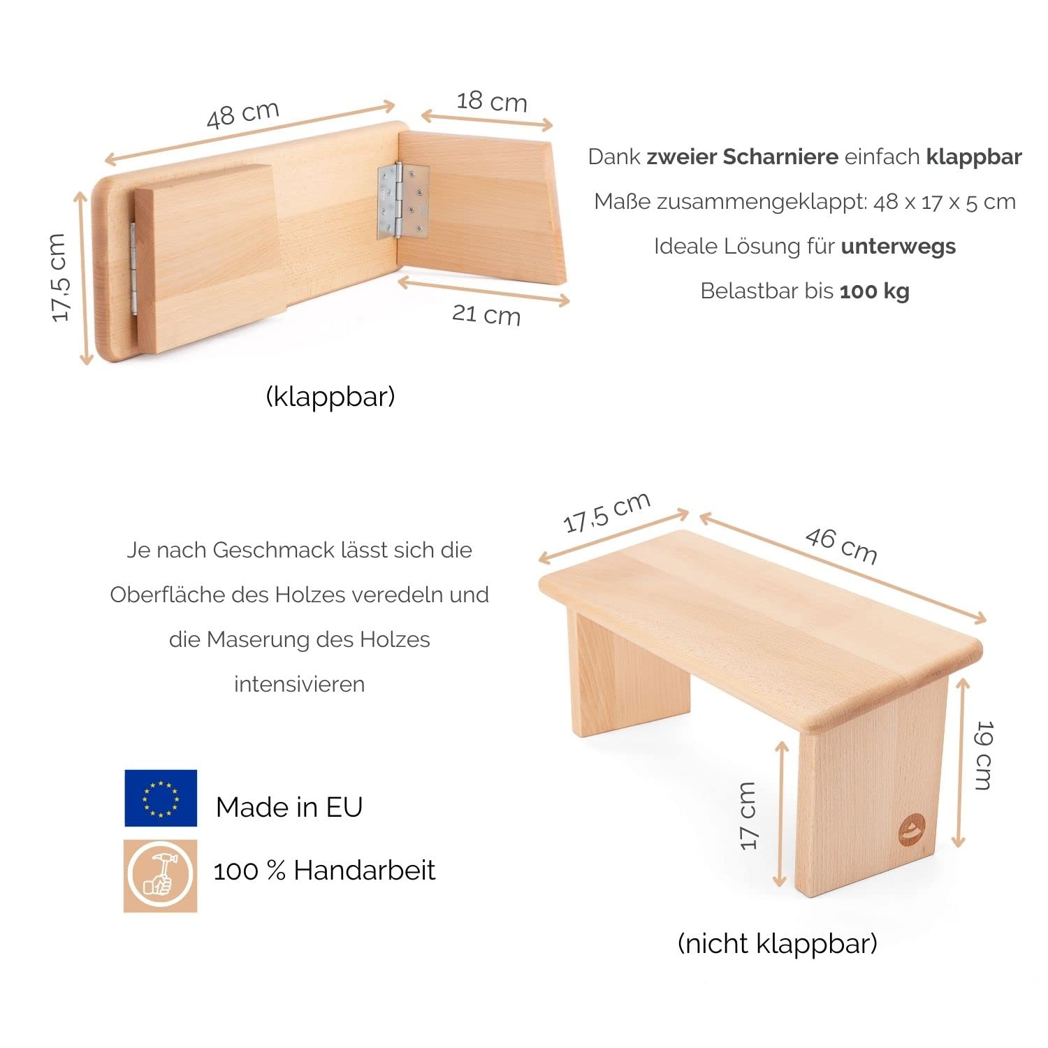 Bodhi Meditationsbank aus Holz (Buche) | Yoga Hocker aus Holz | Kniesitz Medibank für eine Tiefe Meditation | Variation: Lhasa Klappbar – Buche geölt mit Auflage (weinrot)