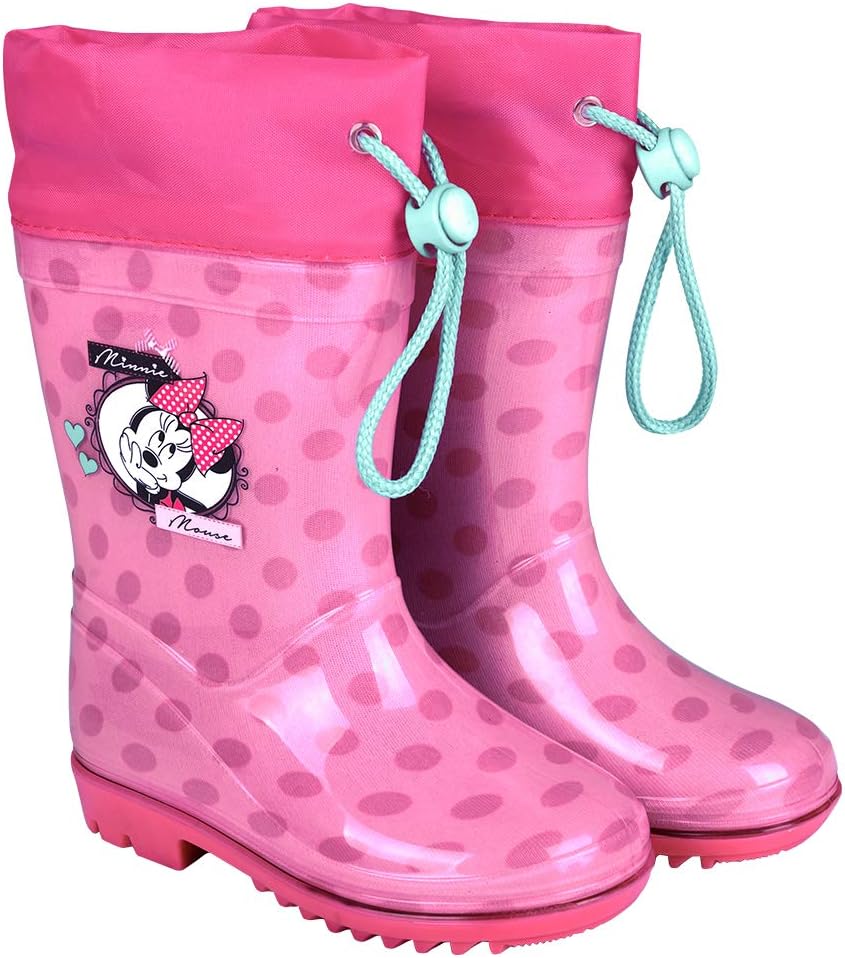 PERLETTI Disney Minnie Rain Boots Kids - Girls Waterproof Wellies Shoes with Anti Slip Outsole - Pink with Fuchsia Details and Polka Dots - Minnie Mouse Print (8/9.5 UK, Pink)