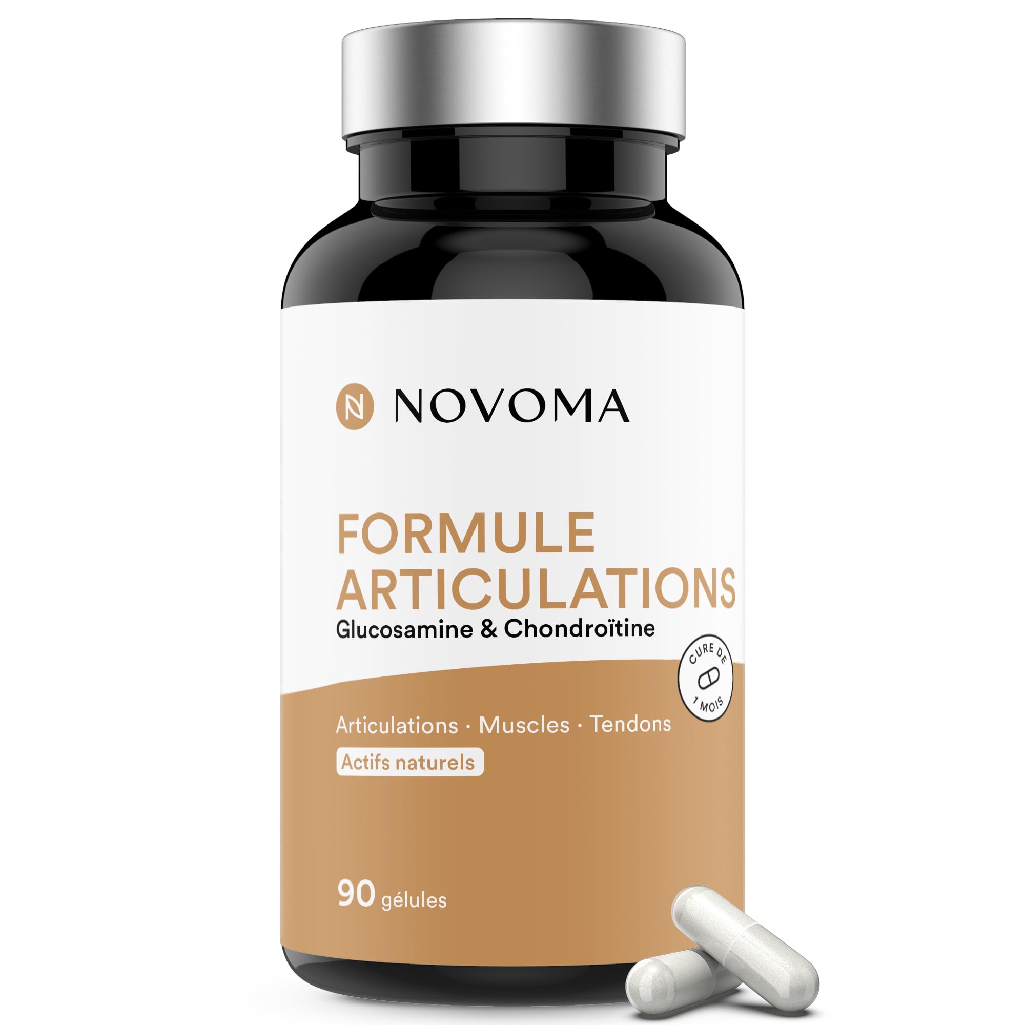 NOVOMA Formule Articulations, Glucosamine et Chondroïtine Végétales, Confort Articulaire, Muscles & Tendons, Avec Harpagophytum et Curcuma, Cure de 1 mois, 90 Gélules, Fabriqué en France