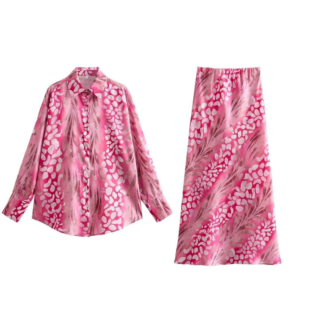 Primavera Prodotto En's ed Elegance Seta Texture Stampata Camicia Vita Alta Gonna Set