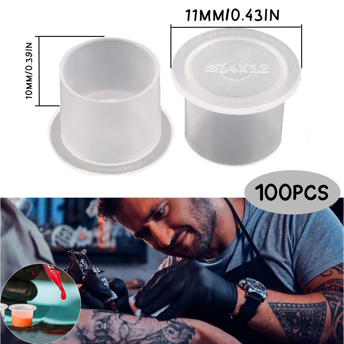 100 piezas Tazas de Tinta para Tatuajes, Tapas de Tinta de Tatuaje, Tinta de Pigmento Tazas de Tinta para Tatuajes de Plástico, Tatuar Contenedor, Kit De Accesorios para Tatuaje