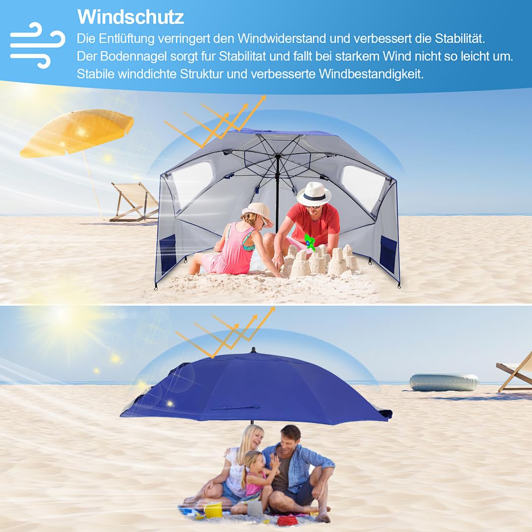 Parasol przeciwsłoneczny, namiot plażowy 2 w 1, UV50+, Ø 210 x 220 cm, dla 2-4 osób, składany, z oknem, śledziami i torbą do noszenia, ochrona przed wiatrem, na plażę, do ogrodu, na kemping