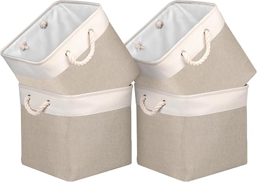 Univivi Fabric Storage Cubes 12 inch Cube Storage Bins with Rope Handles, Storage Baskets Cubes Organizer for Home Shelf Closet White&Beige Brown , 4-Pack