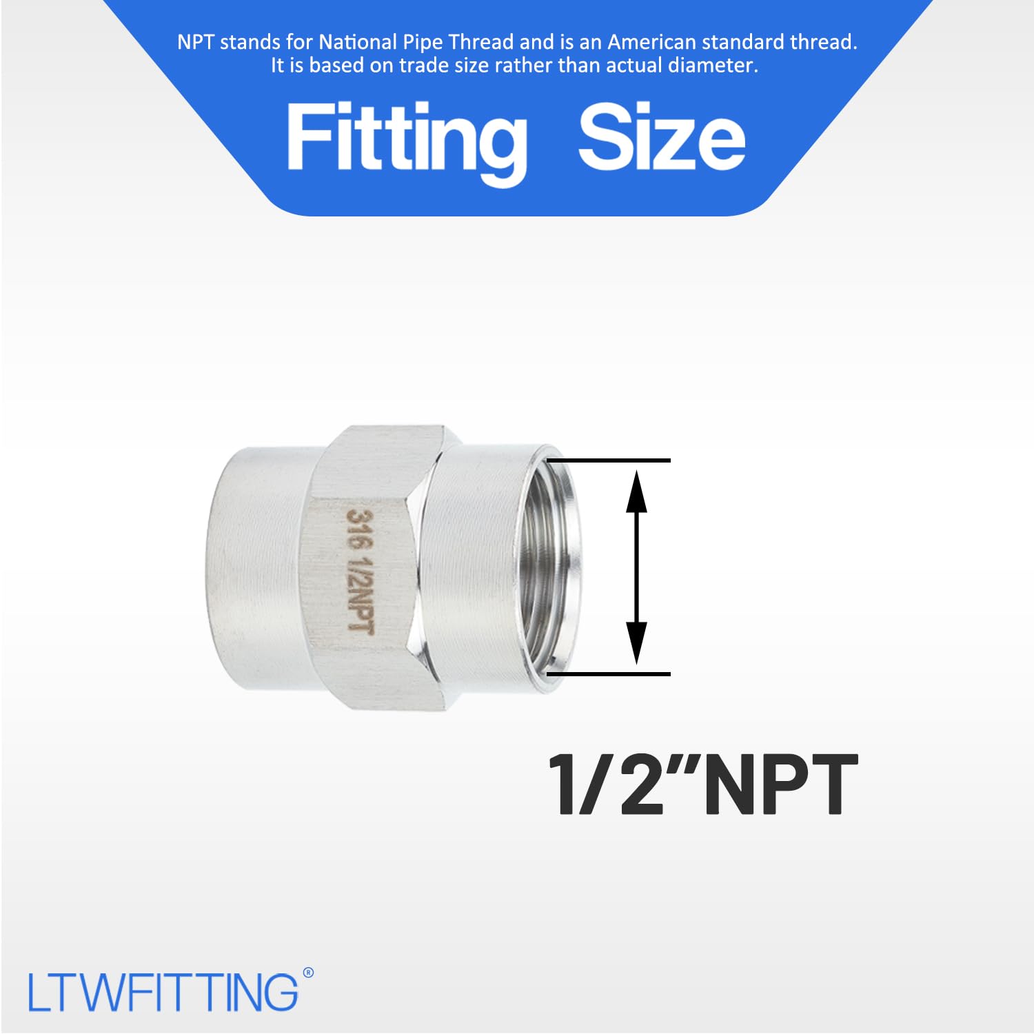 LTWFITTING Edelstahl 316 Pipe Fitting mit 1/2" Innengewinde NPT Beidseitig Anschluss(25 Stück)