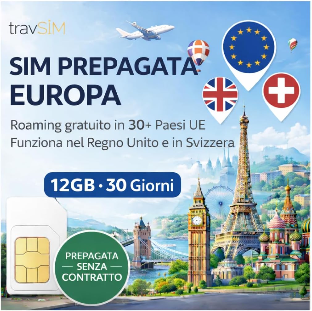 travSIM Europe SIM Card | 12GB Data with 4G/5G speeds | Unlimited Calls | Use in the UK, Switzerland & 30+ EU Countries | Plan on SIM Card for Europe Travel is Valid for 30 Days