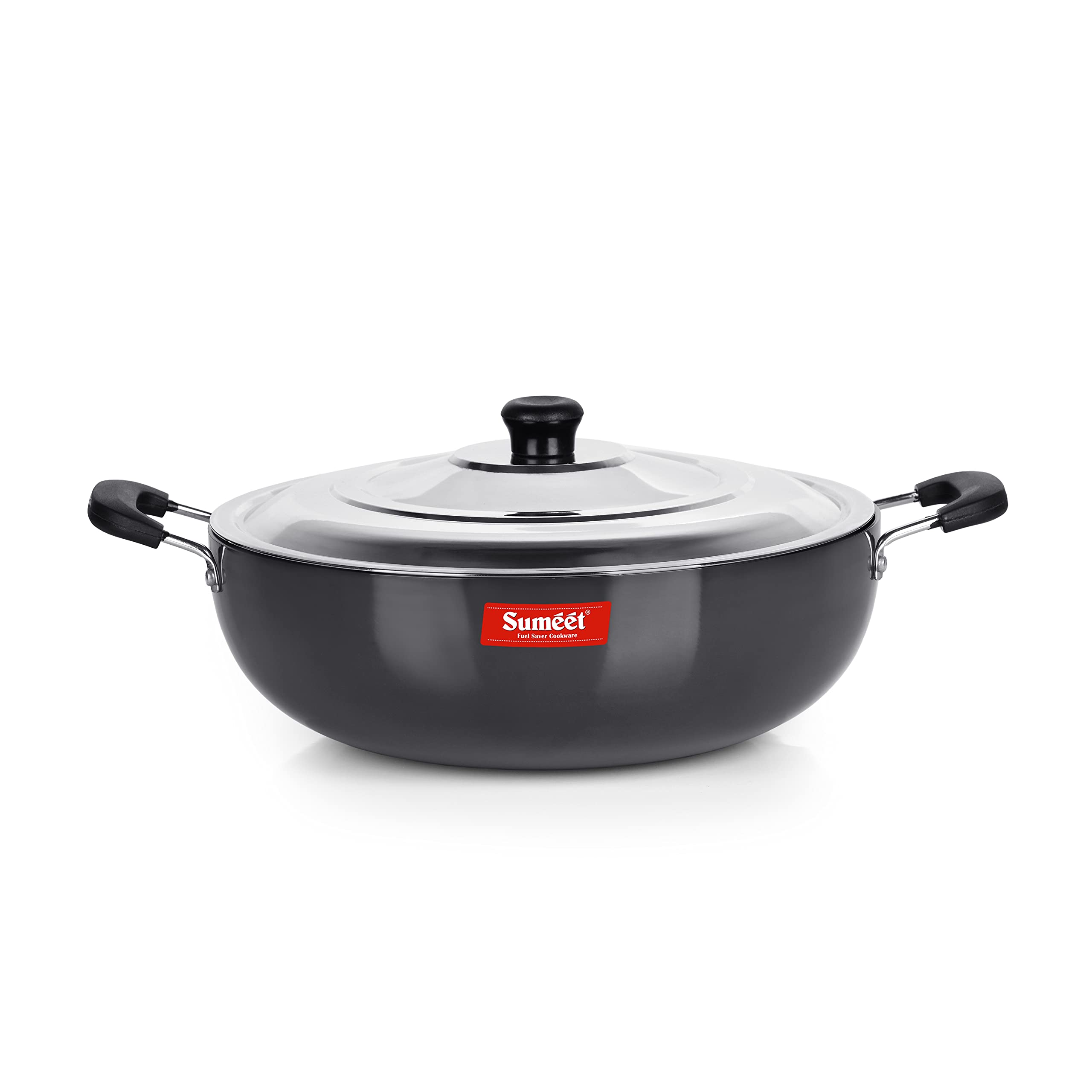Sumeet 3mm Hard Anodized Deep kadai with Stainless Steel Lid Big Size No. - 15 (28.5cm Dia. 4.5 liter Capacity) - Image