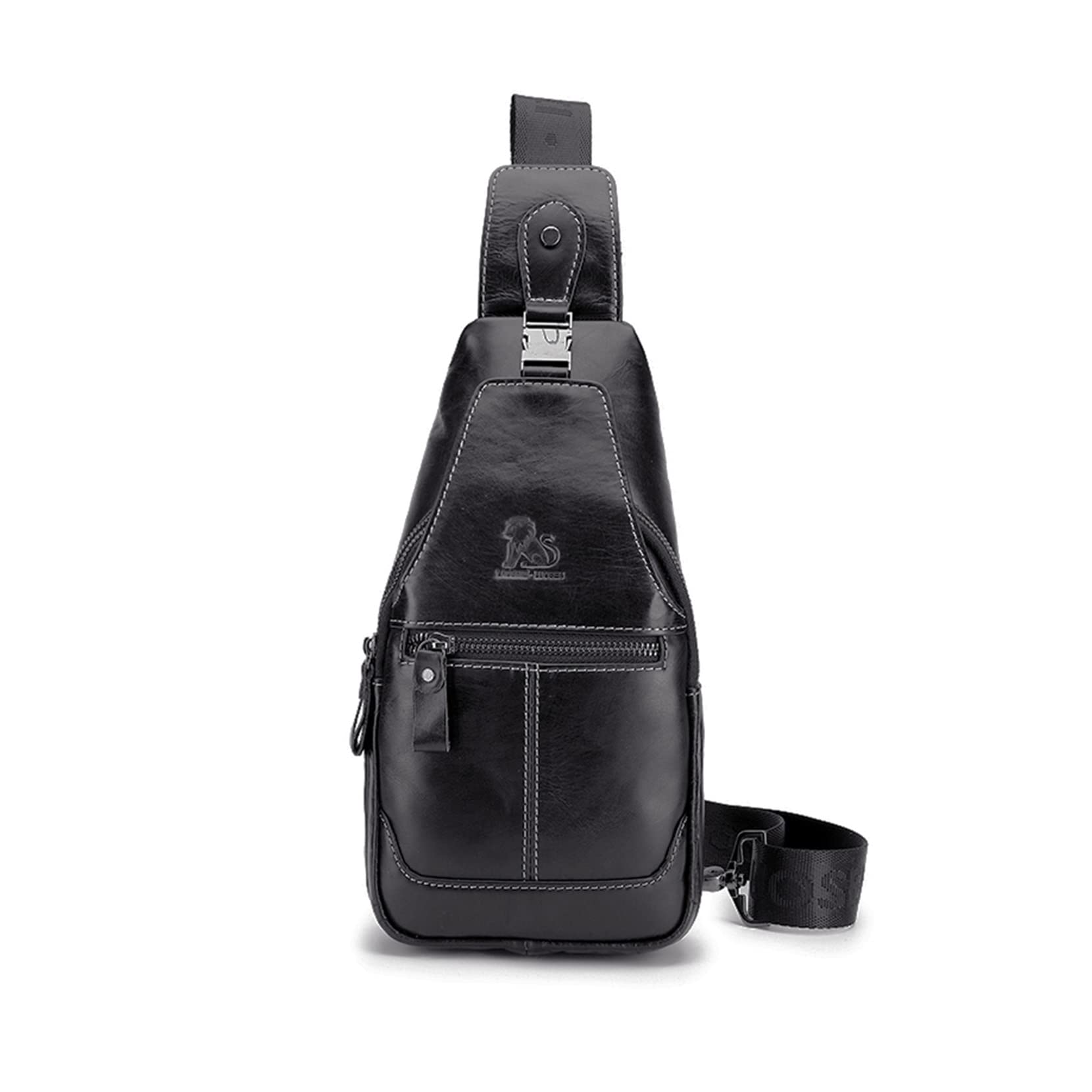 Bolsa de Pecho Para Hombres Bolso de Cuero Genuino Deportes y Ocio al Aire Libre Bolsa Pectoral Multifuncional Vintage de Moda e Impermeable Negro
