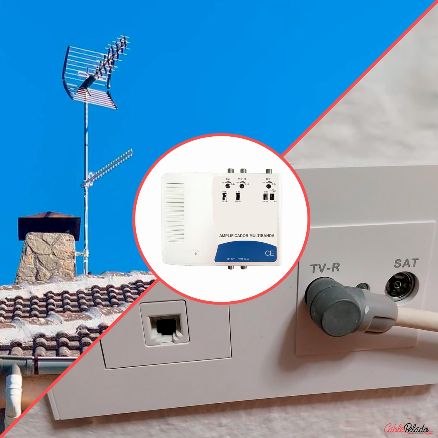 CABLEPELADO - AMPLIFICADOR MULTIBANDA Cablepelado | FM + VHFIII + UHF | Ganancia hasta 47 dB | Alimentación 220V | LED indicador | Ideal para TDT, SAT y FM