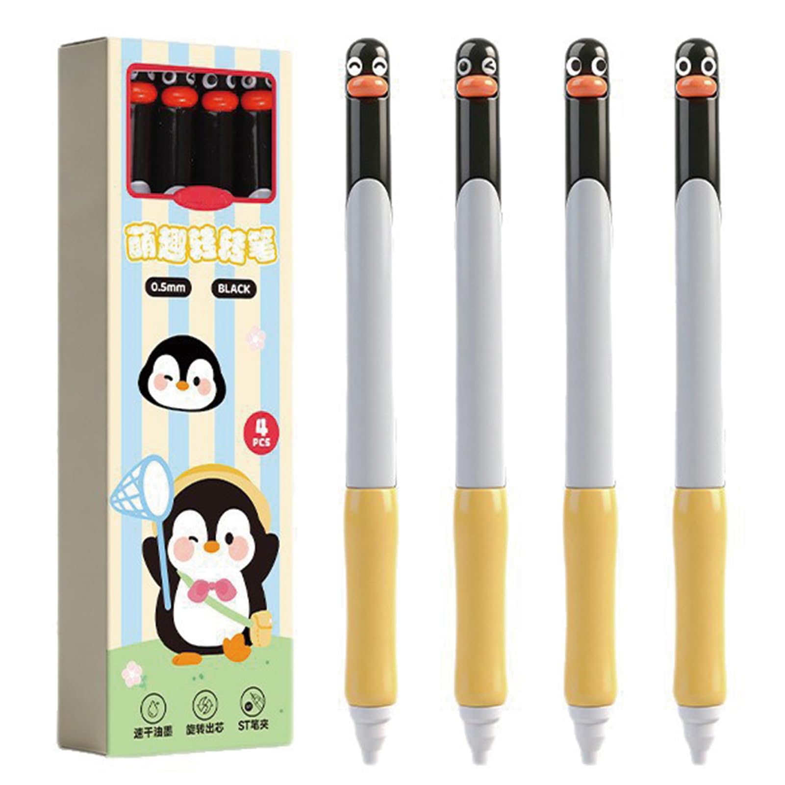 MOZXIRZ 4 penne gel retrattili a forma di pinguino, 0,5 mm, inchiostro nero, penne a forma di pinguino, stile kawaii, per ragazze, ragazzi, donne, uomini, ufficio, scuola (4 pezzi, pinguino)