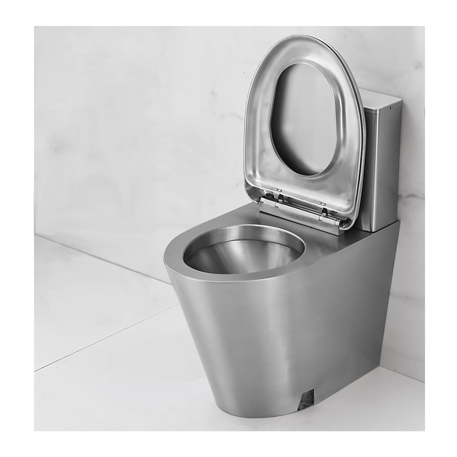 Inodoro comercial de acero inoxidable 304 de doble descarga de alta eficiencia, diseño de una sola pieza con asiento de cierre suave, drenaje de suelo que ahorra agua (latón y drenaje de pared)