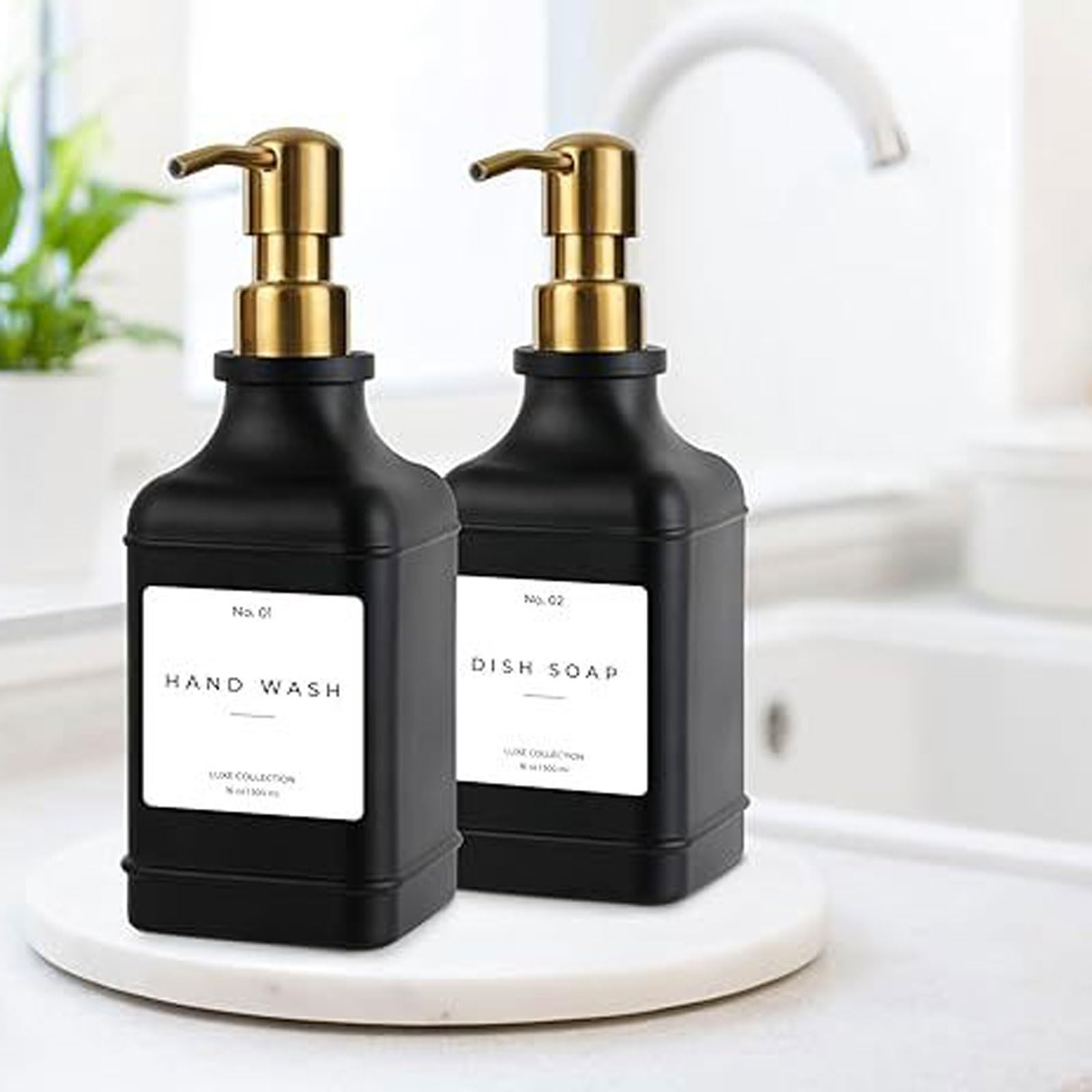 dispensador Dispensador de jabón de Vidrio de 500 ml, dosificador de jabón líquido lavavajillas, baño, loción y jabón de Manos (Paquete de 2) automatico(Black+Bronze)
