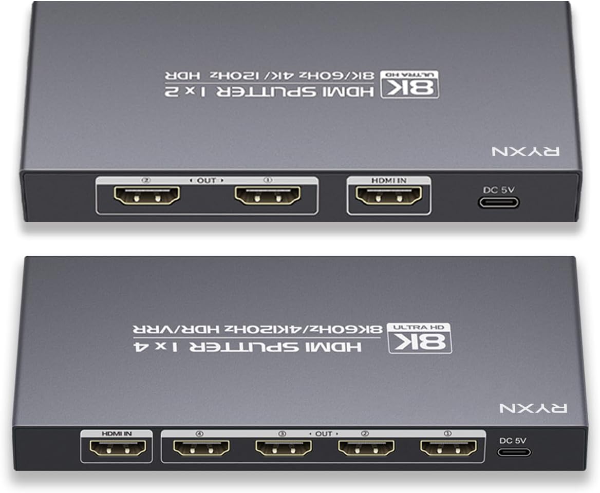 8K HDMI Splitter 1 in 2 Out + 8K HDMI Splitter 1 in 4 Out, Support 8K@60Hz, 4K@120Hz, HDMI 2.1, EDID, HDCP2.3