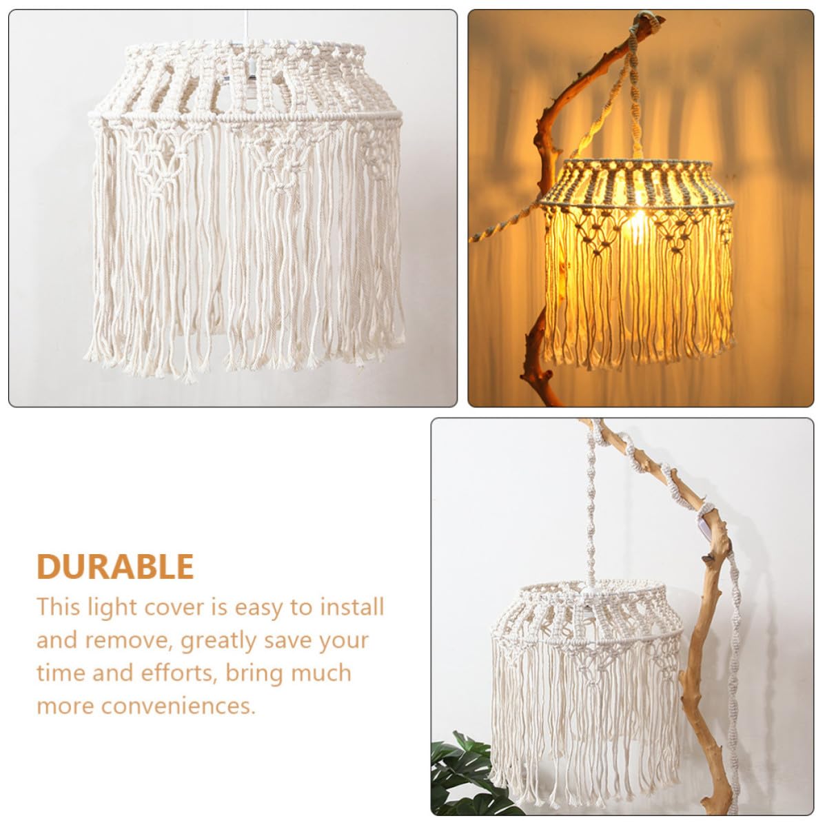 Paralume Elegante Lampada a Sospensione in Corda di Cotone Intrecciata Stile Bohemien Beige, Design Macramè e Facile da Rimuovere per Decorazione Casa
