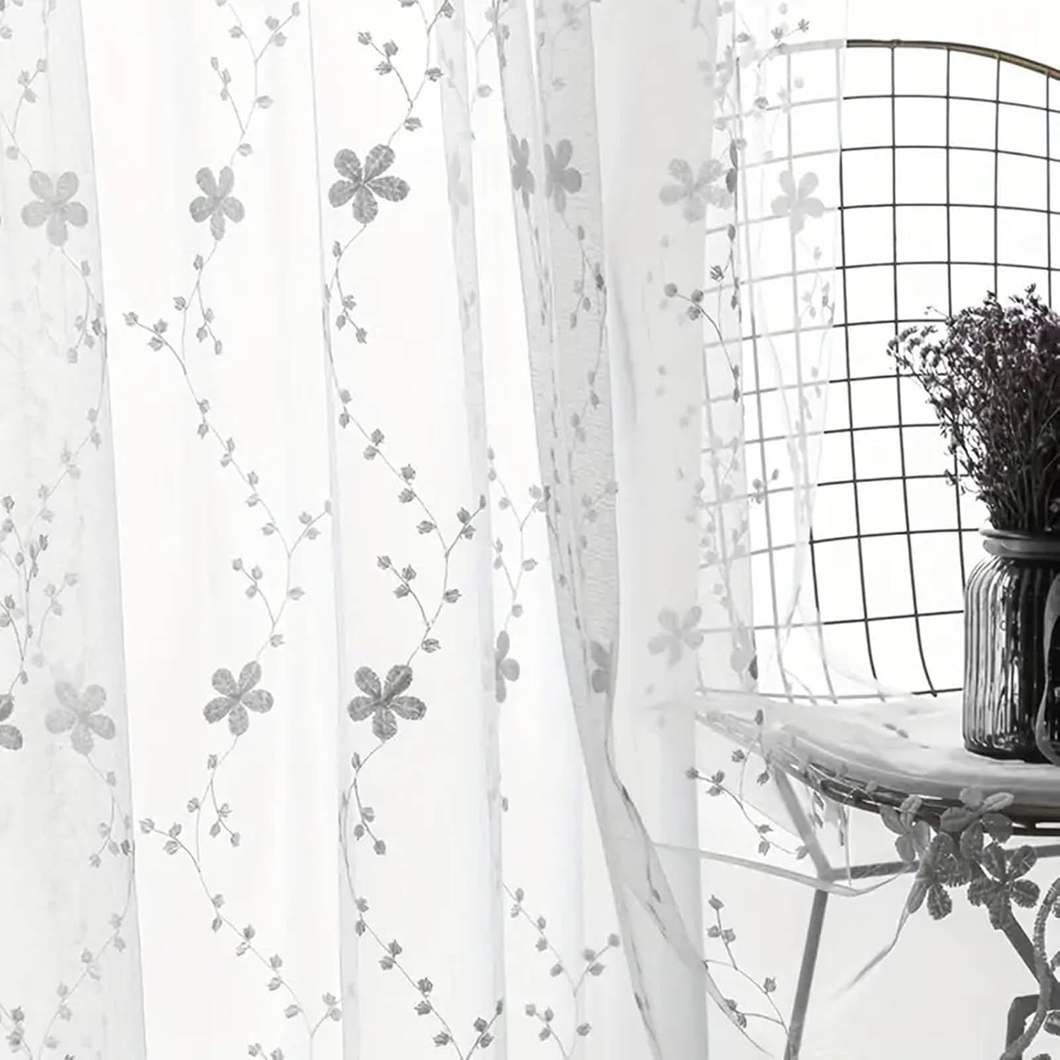 Daesar Semi Sheer Curtains 2 Panels Set 90 Inch Length, Rod Pocket Tulle Curtains Embroidered Flowers Leaves Pattern Voile Curtains for Living Room Kitcken Window Treatment, 52x90 Inch White