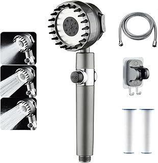 Filtered Shower Head with Handheld, Ion Shower Drops Heads with Hose, 3-Mode High Pressure Shower Head for Hard Water, 360° Rotating Nozzle with Back Scrubber, 2 Filter Replacement, Grey