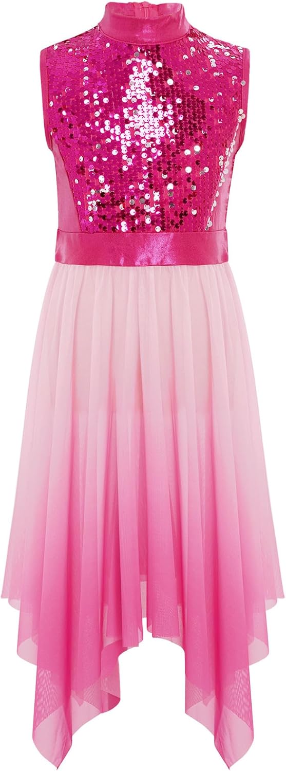 Jugaoge Kids Girls Sequins Gradient Liturgical Praise Dance Tunic Irregular Hem Church Worship Overlays Lyrical Dance Dress