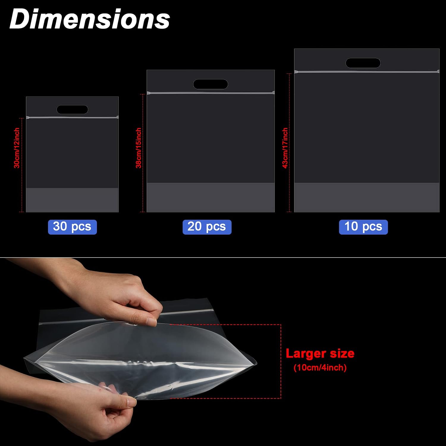 Clabby 60 Pcs Clear Zipper Storage Bags Plastic Transparent Expandable Bottom Bag with Carry Handle for Holding Clothes, Food, Crafts (12 x 12,15 x 15,17 x 17 Inch)