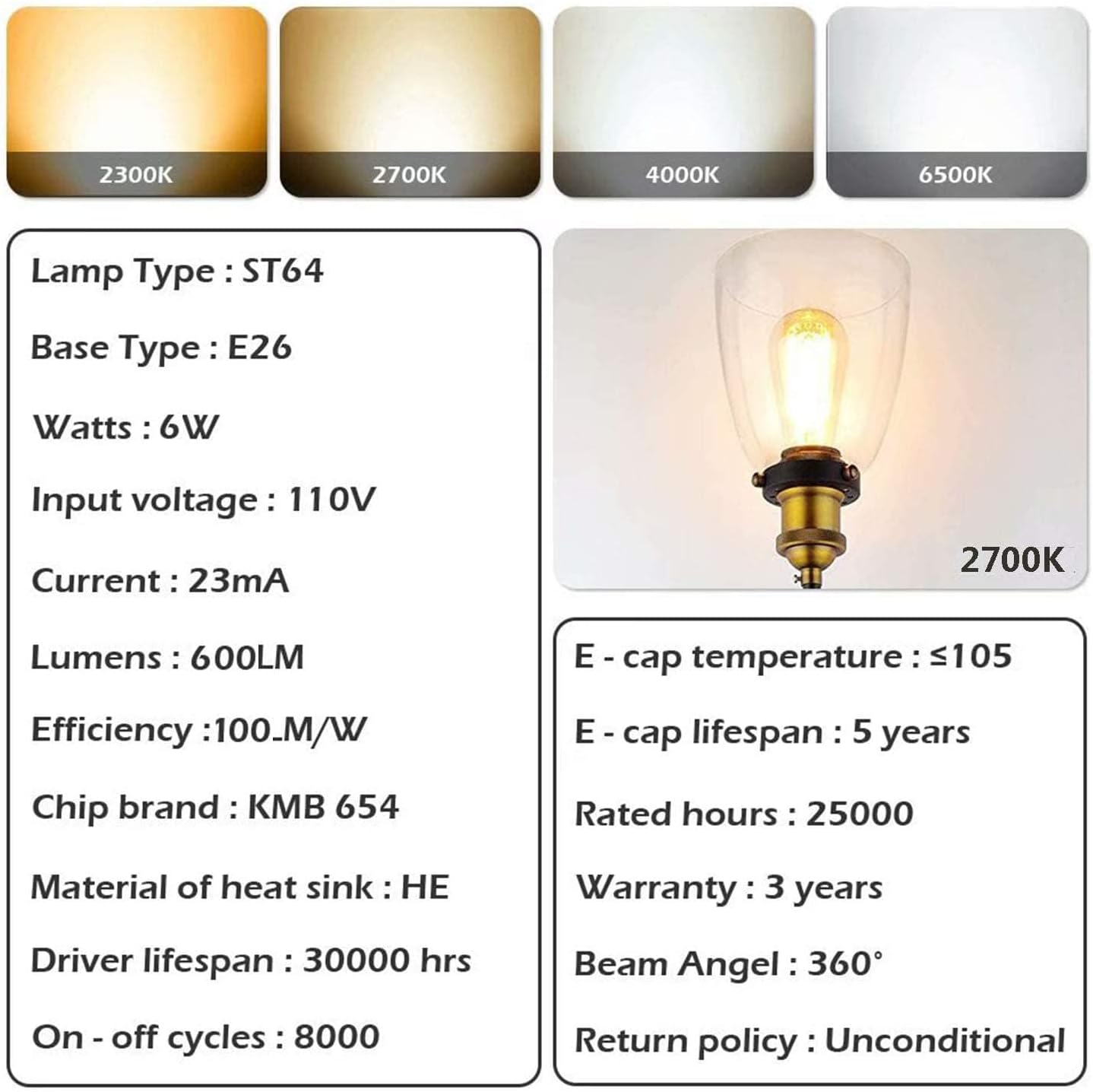 LED Edison Bulb 60W Equivalent - 600 Lumen Warm White 2700K E26 Standard Base, 6W ST64 Vintage Light Bulbs for Pendant Lights Sconces, Pack of 6