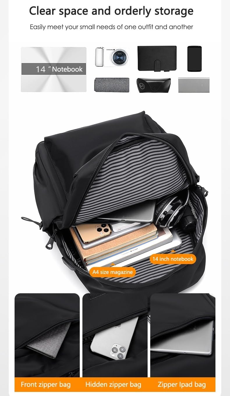 Fashionable Backpack Waterproof Bags Large Capacity Travel Bag Multi Pockets with USB Charging Port (Black)