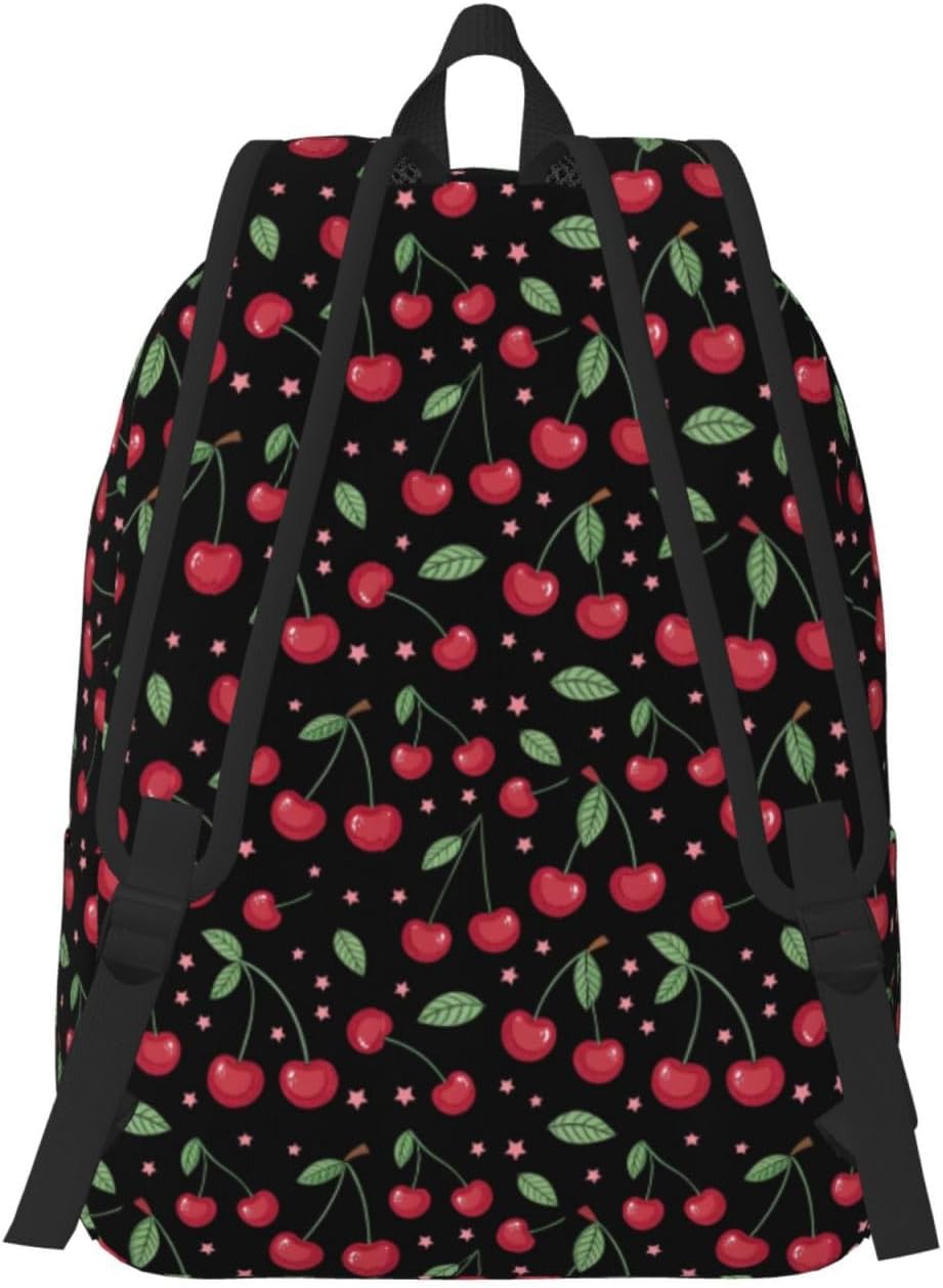 Cute Print Cherry Backpack For Girls Boys Women School Bag Lightweight Canvas Bookbag For Travel Outdoor Camping (Cherry backpack black)