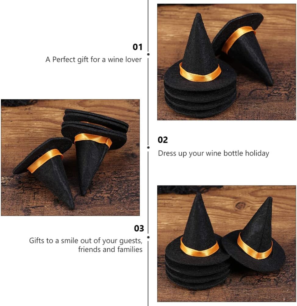 Abaodam Mini Felt Witch Hats 10Pcs Small Handmade Halloween Wine Bottle Covers Party Decorations Crafts Table Toppers