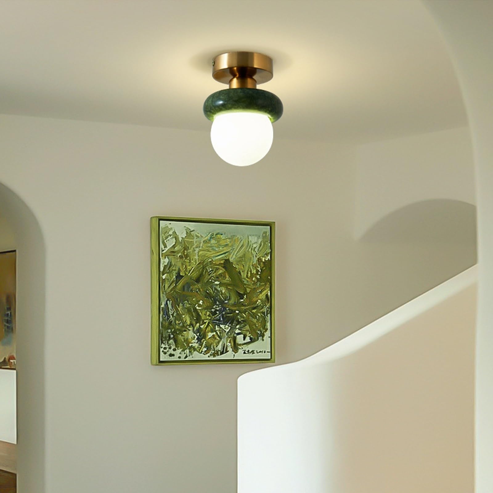Jadssox Lampa Sufitowa Z Zielonego Marmuru, Szklana Kula Blisko Lampy Sufitowej, Oświetlenie Sufitowe Z Alabastru Nordyckiego, Nowoczesne Złote Lampy Sufitowe Do Schodów W Przedpokoju(12 * 17cm)