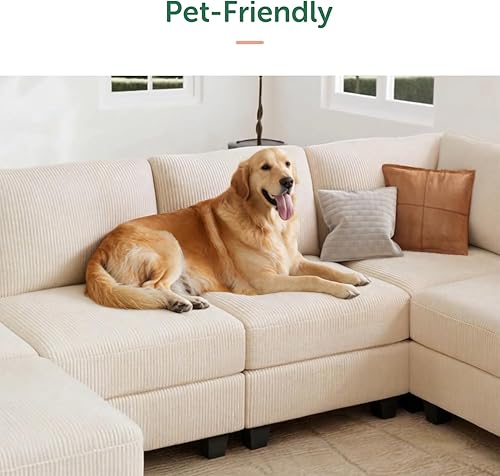 Miniatura 7 de HONBAY Sofá seccional de pana con almacenamiento en forma de U, sofás modulares seccionales para sala de estar, color beige
