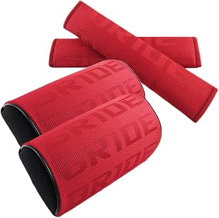 W-POWER 4PCS JDM Bride Racing Gradation for Car Seat Neck Rest Headrest Pillow with Seat Belt Cover Combo, Fabric Bucket seat Material (Red)
