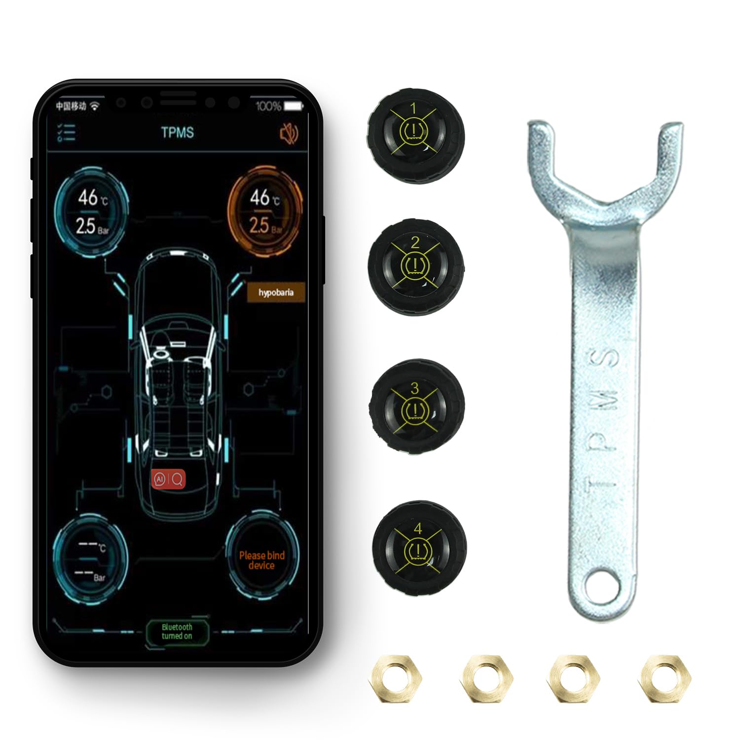 Tire Pressure Monitoring Wireless TPMS Monitor System with 4 External Sensors, Real-Time Monitoring Pressure and Temperature Display on APP for Car RV SUV