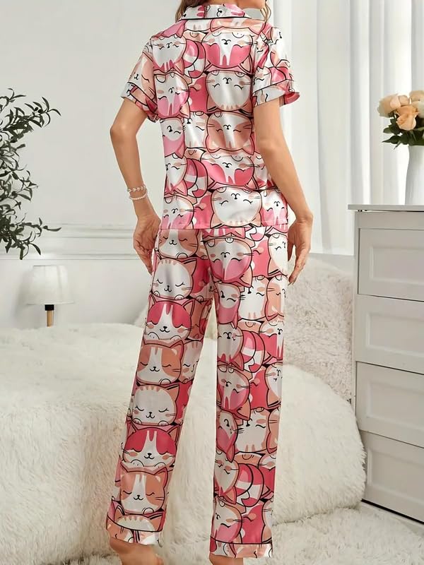 Image of Night Suit for Women with Full Sleeve Button-Down Top with Pant Dress for Woman, Night Dress for Woman, Cotton Two-Piece Loungewear Set