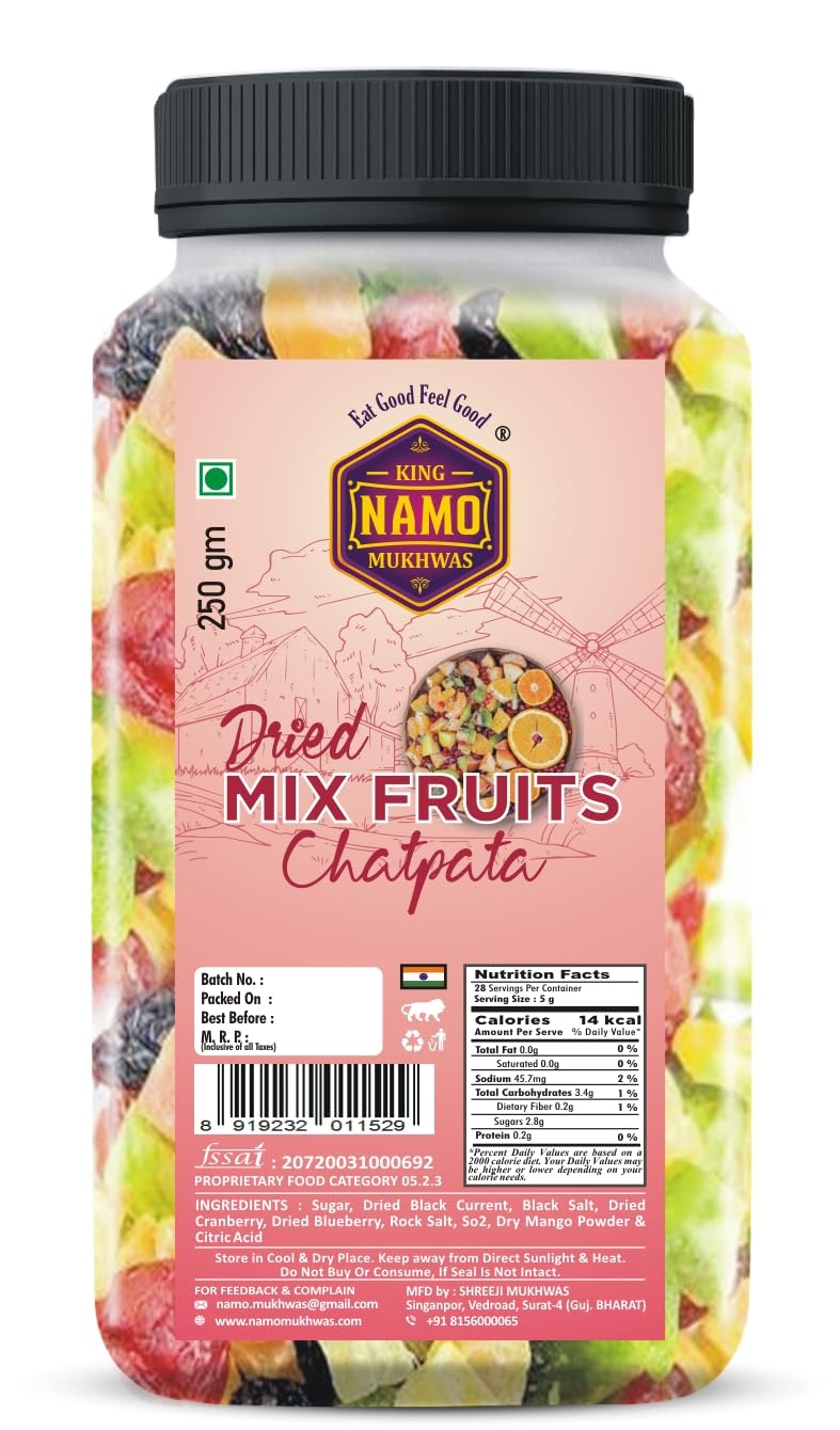 NAMO-Mixed Fruit Chatpata (250-gm) | 100% Natural, Dehydrated Dried Fruit with Chatpata taste, Contains Dried Kiwi, Mango, Orange, Pineapple, Pomelo, Plum, Black Currant, Cranberry & Golden Berry