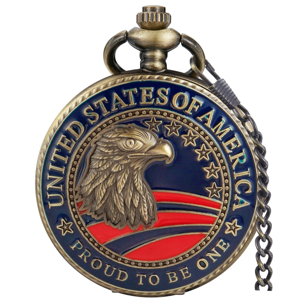 Tiong Engraved Ancient Native Indian/4th of July Pattern Quartz Pocket Watch Design Antique Souvenir Thanksgiving Gifts